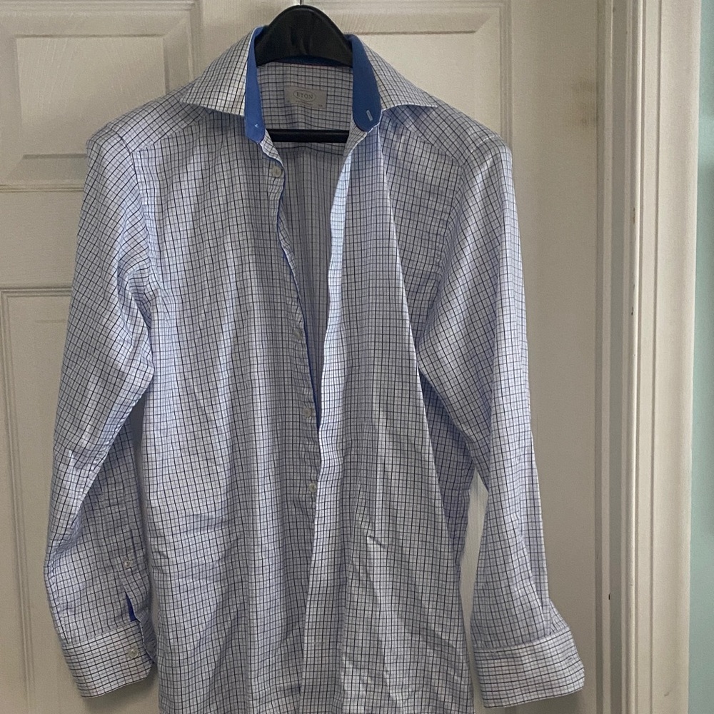 Eton Light Blue and White Grid Dress Shirt